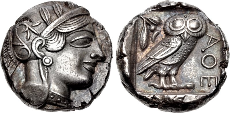Ateńska tetradrachma z lat 454–404 p.n.e.: głowa Ateny i sowa. Takie monety bito niemal wyłącznie ze srebra z Laurionu.