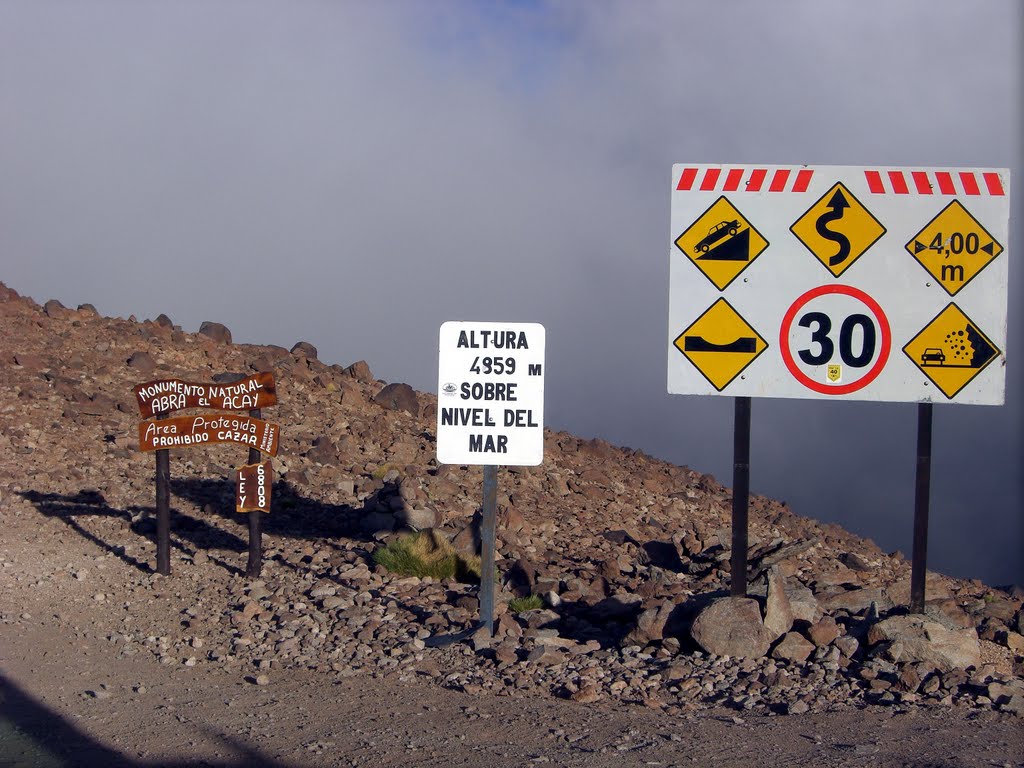 Tablice na przełęczy: starsza podaje 4959 m, obok ostrzeżenia przed serpentynami, spadającymi kamieniami i limit 30 km/h.