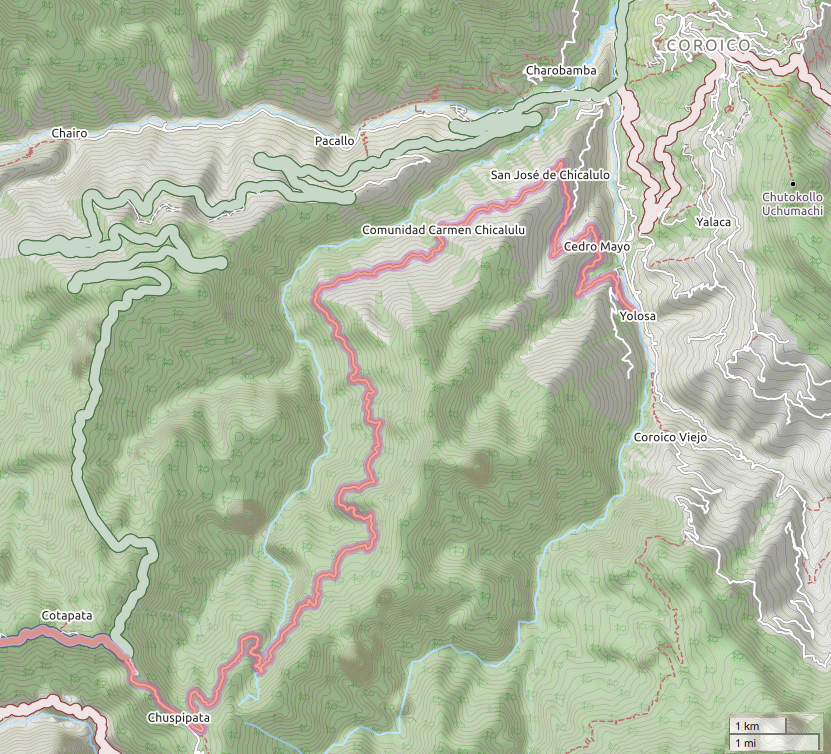 Mapa okolic Coroico: na czerwono stara droga Chuspipata – Yolosa, na zielono nowa RN3 przez Cotapata (© OpenStreetMap contributors).