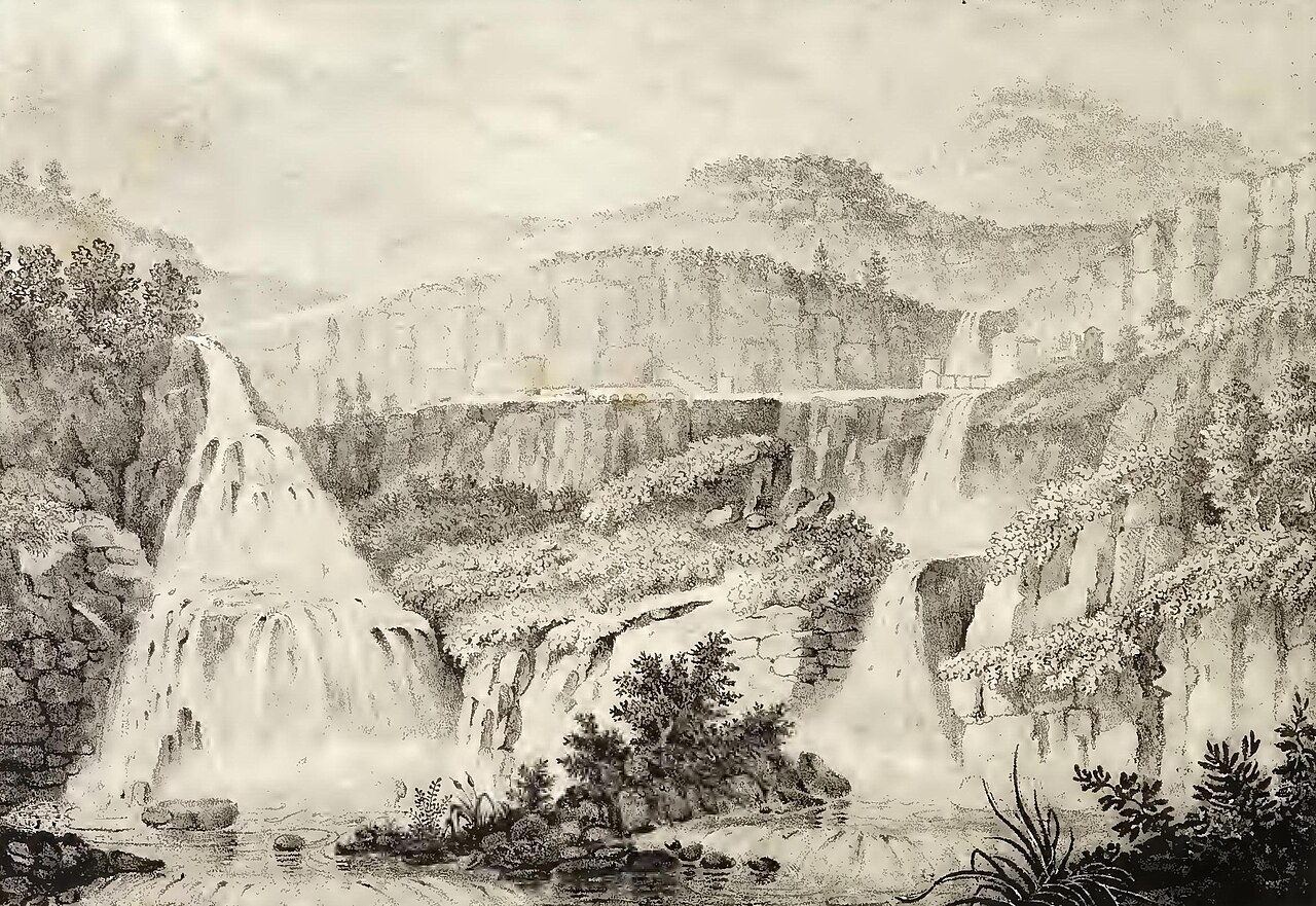 Oba wodospady na litografii Francesca Xaviera Parcerisy z albumu „Recuerdos y bellezas de España” (1839)