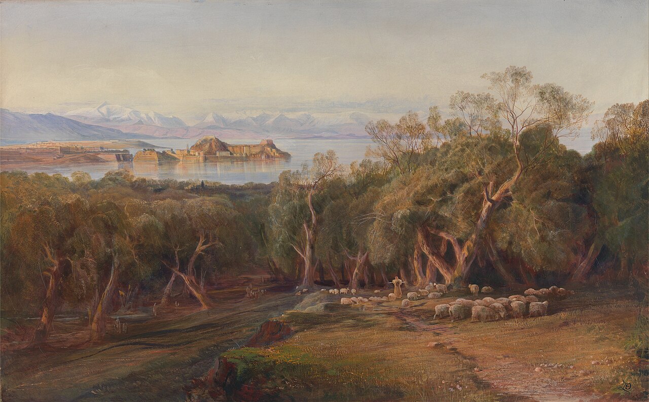 Edward Lear, „Korfu ze wzgórza Ascension” (1862): gaje oliwne, stado owiec, Stara Twierdza i ośnieżone góry Albanii.