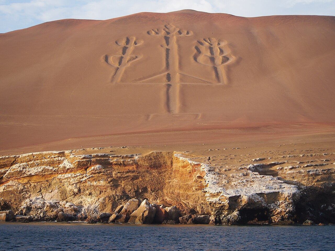 Candelabro na zboczu półwyspu, widziany z łodzi płynącej na Islas Ballestas