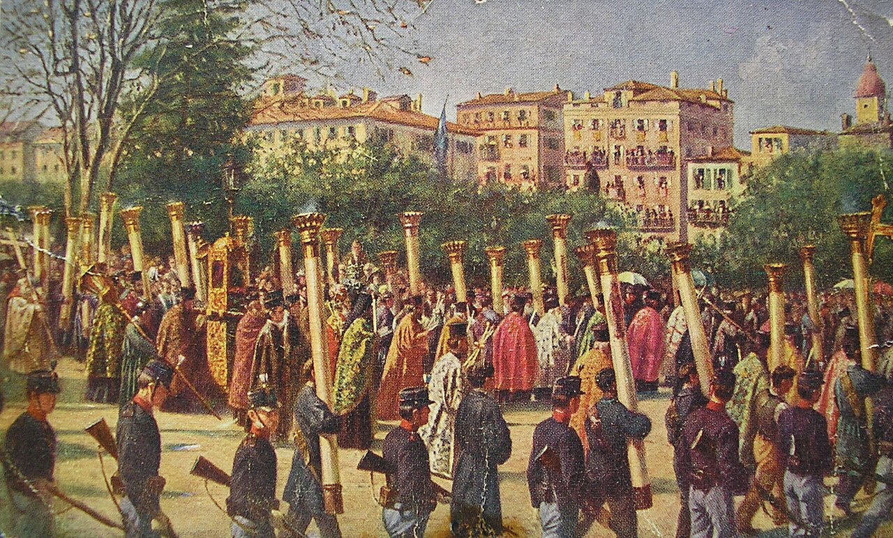 Georgios Samartzis, „Procesja świętego Spirydona” (1912): relikwie niesione przez Spianadę pod domami Listonu.